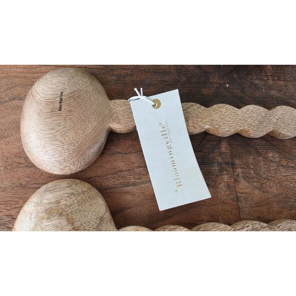 Boho Farmhouse Mango Wood Salad Tongs Server Set Wavy Scalloped Handle 9.75